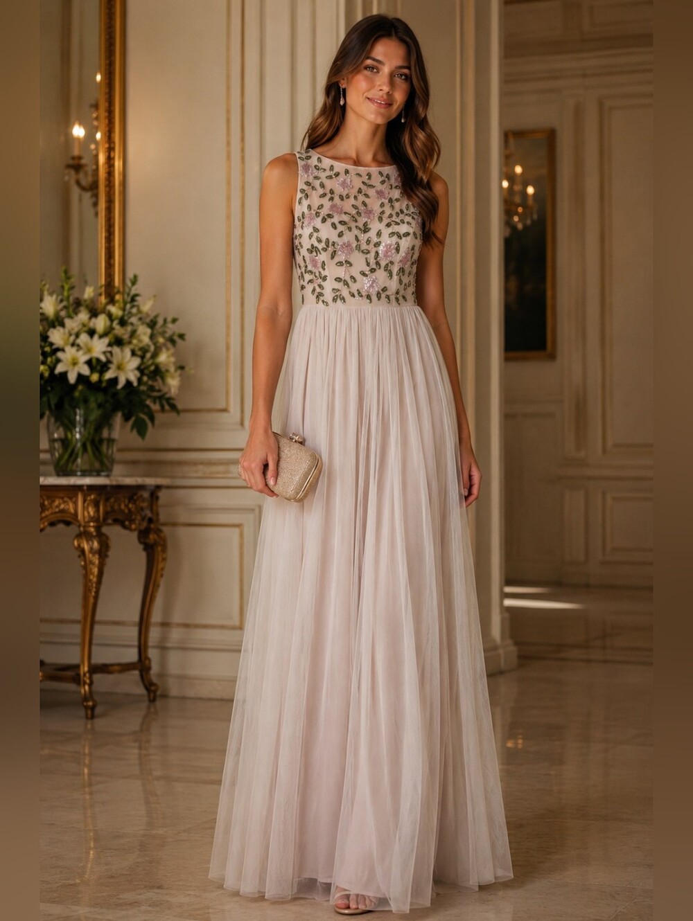 Adrianna Papell Tulle Gown Long  Dress W/ Romantic Floral Beading Ivory NWT